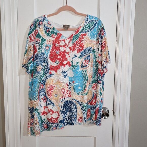 Chico's | Multicolor Paisley Lace Short Sleeve Top Size XL/16 - Picture 1 of 8